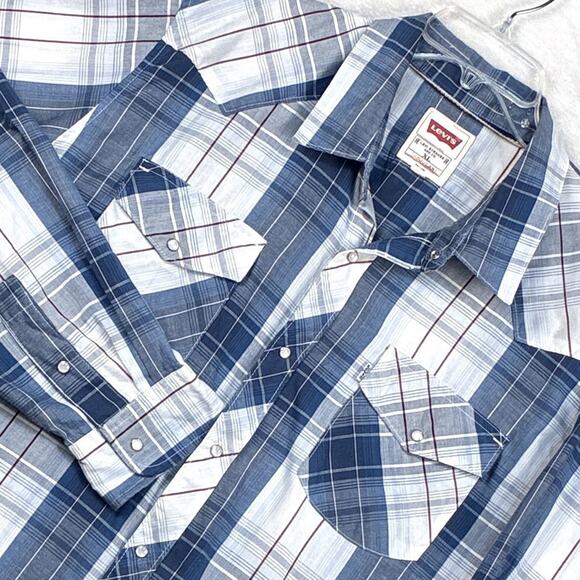 VTG Levis Pearl Snap Western Shirt Mens XL Blue White Plaid Cowboy Country Y2K - Picture 1 of 9
